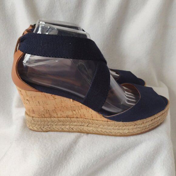 Tory Burch Natanya Wedge Espadrilles 9 Navy Blue Sandals w Elastic Ankle Straps - Picture 4 of 10
